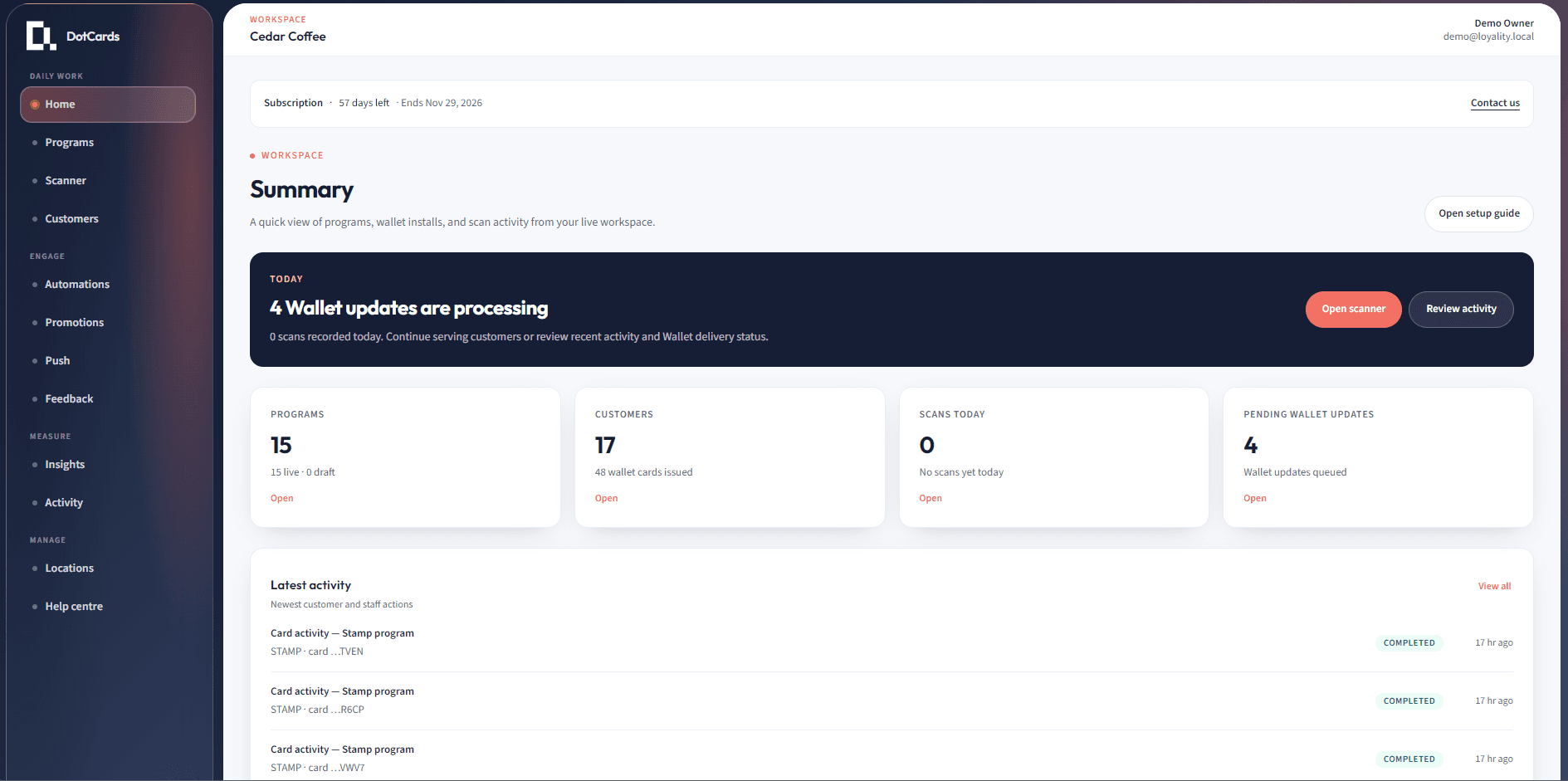DotCards overview dashboard